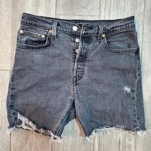 Levi's 501 button fly distressed gray-black cut off denim jean shorts, size 28